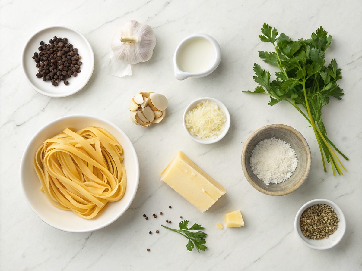Ingredients displayed for making creamy Parmesan garlic pasta