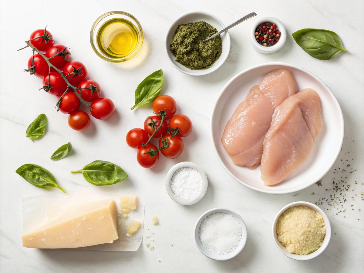 Ingredients laid out for the creamy pesto chicken bake