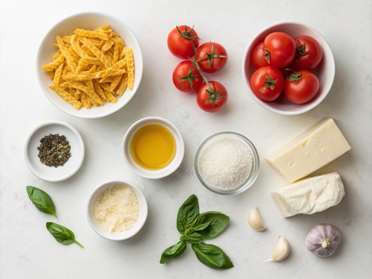 Flat lay of ingredients for making creamy rotel pasta