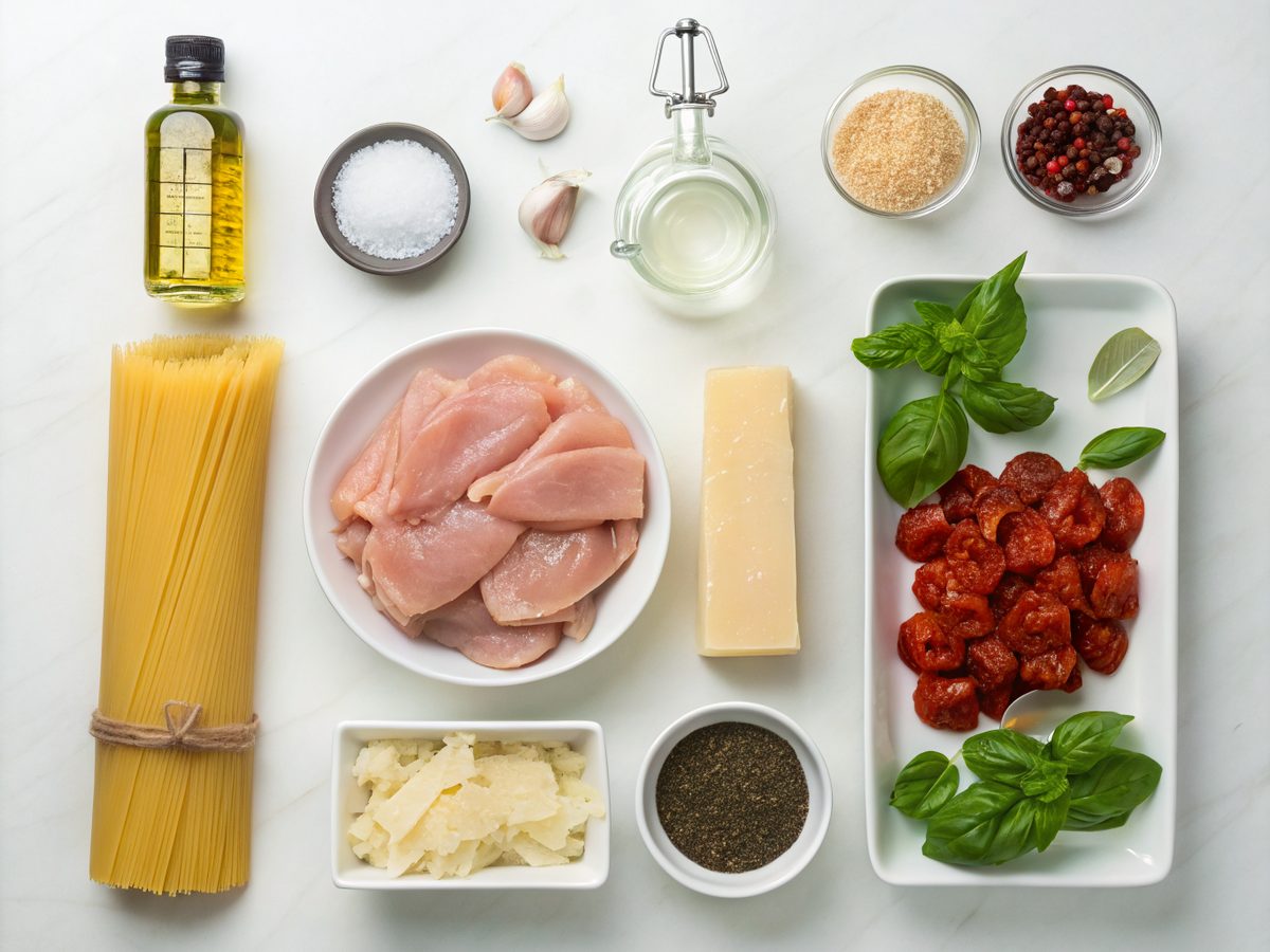 Cooking ingredients for Marry Me Chicken Pasta including chicken, sun-dried tomatoes, and cream.