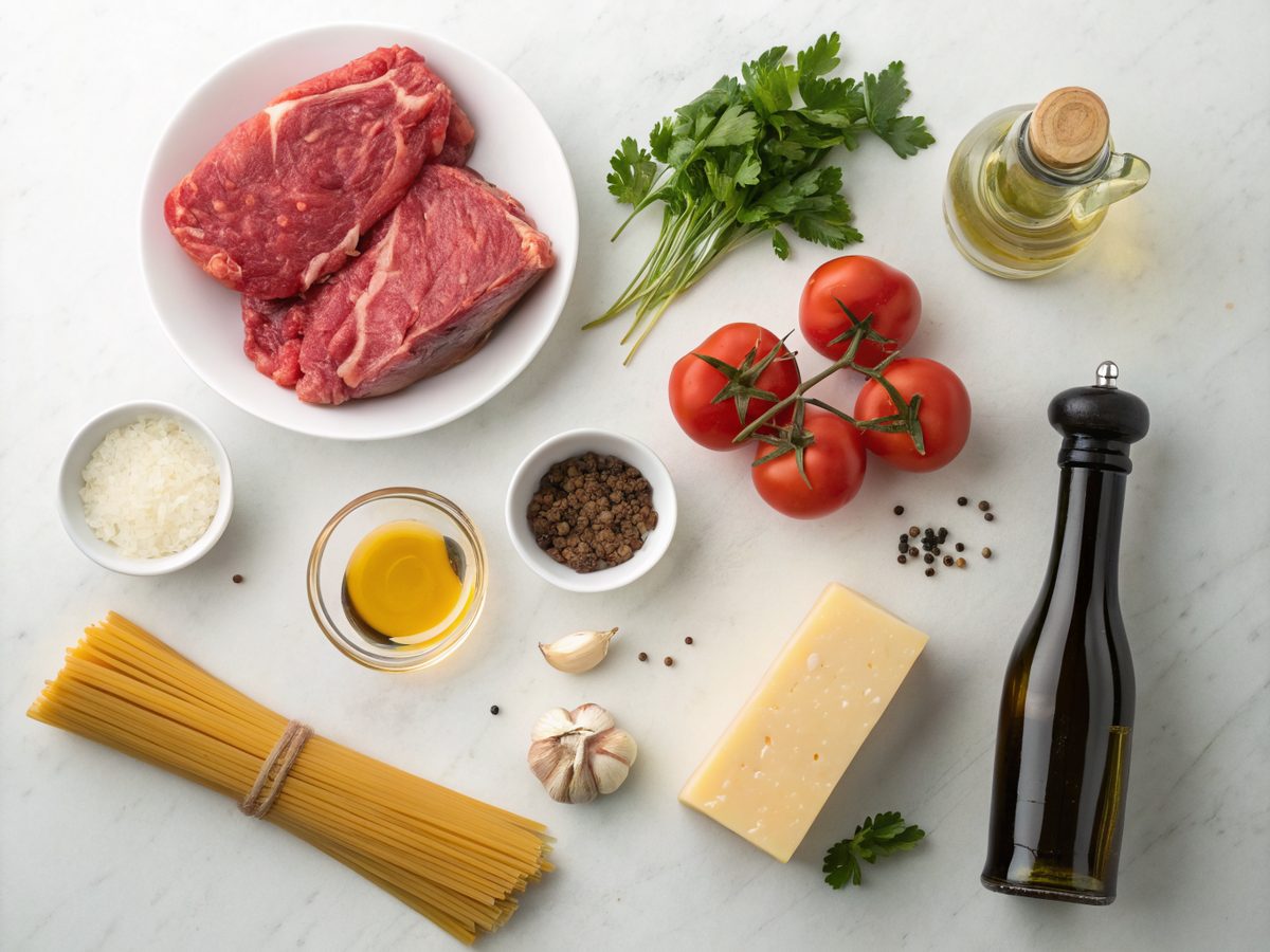 A display of ingredients for slow cooker garlic beef pasta.