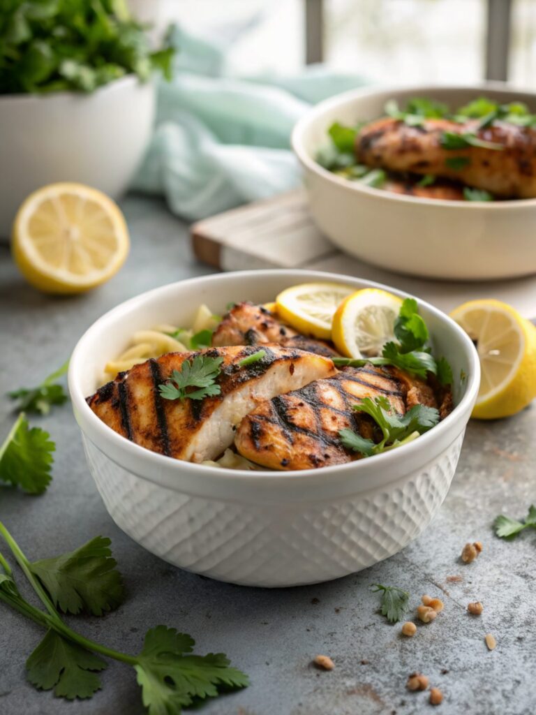 Delicious Lemon Chili Grilled Chicken served with fresh garnishes