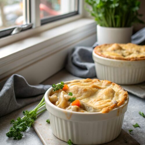 Beautiful homemade chicken pot pie served deliciously