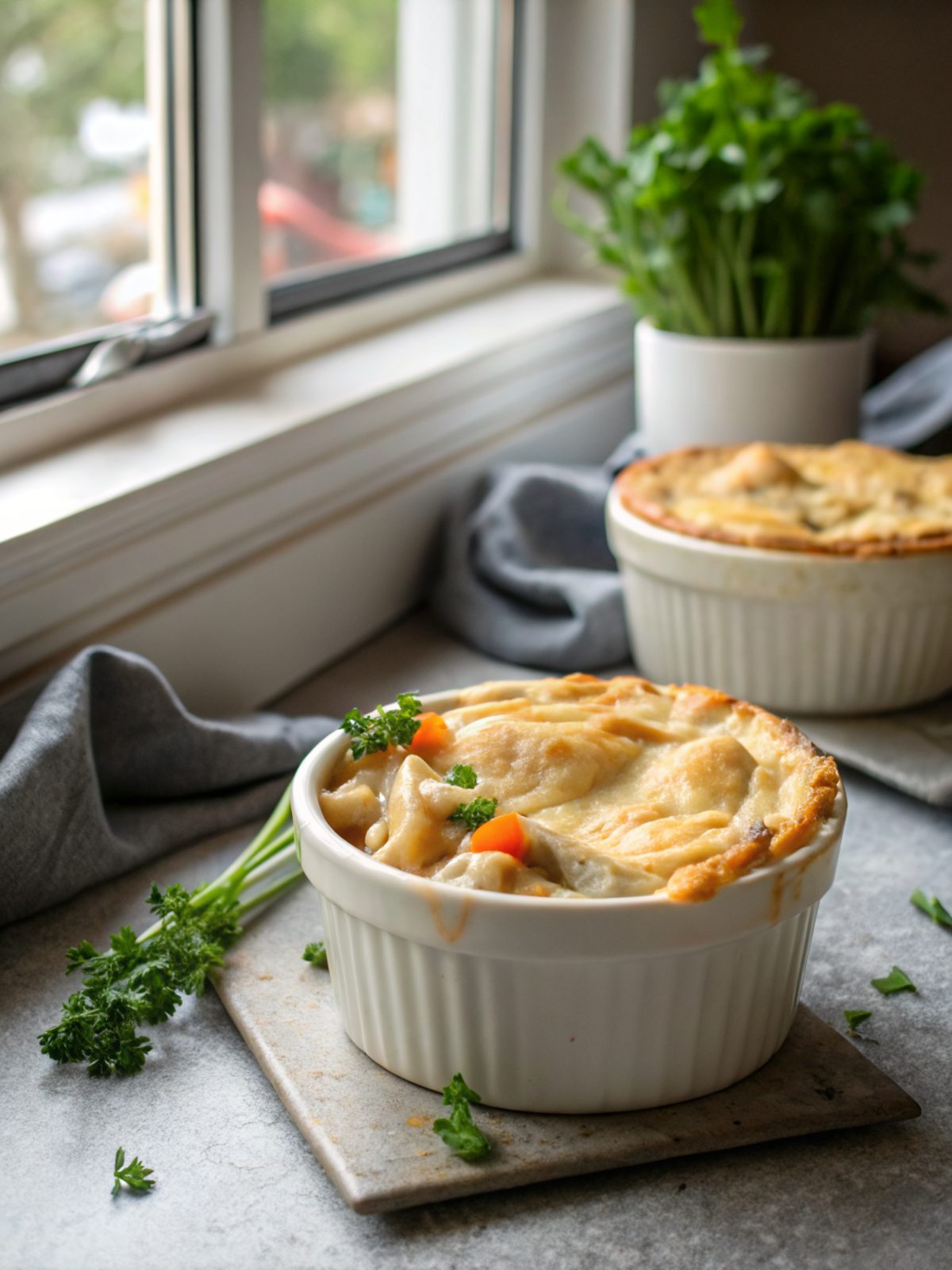 Beautiful homemade chicken pot pie served deliciously