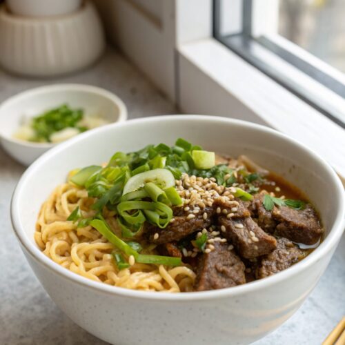 Tantalizing shot of a bowl of beef ramen noodles recipe, showing noodles, beef, and broth.