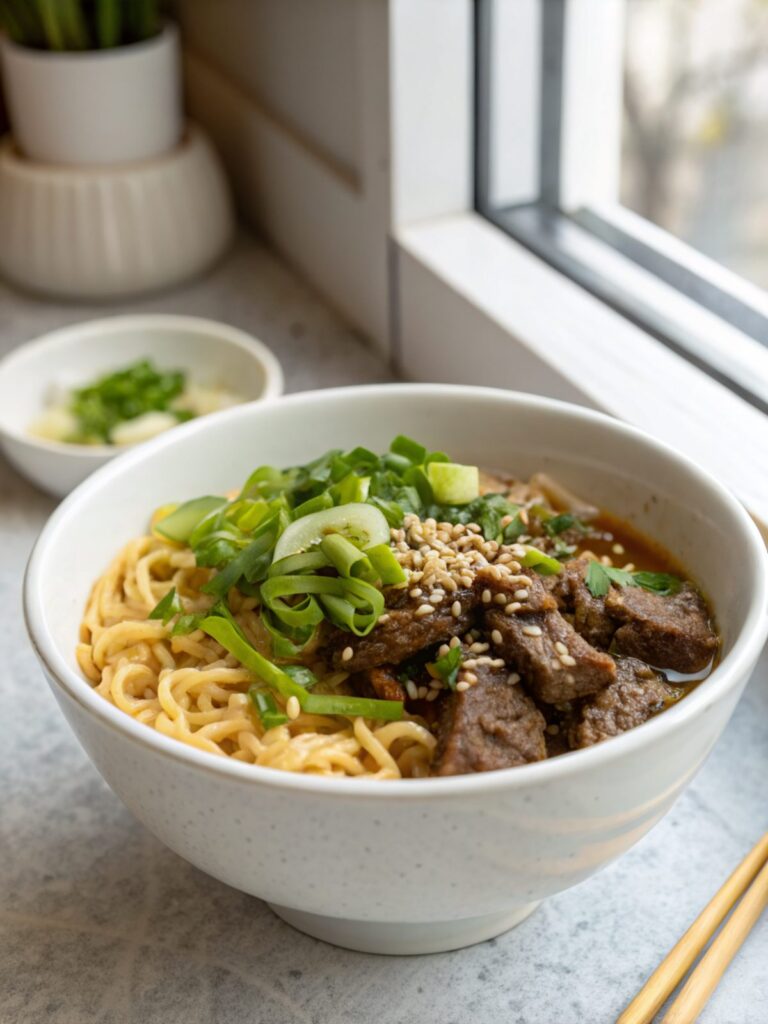 Tantalizing shot of a bowl of beef ramen noodles recipe, showing noodles, beef, and broth.