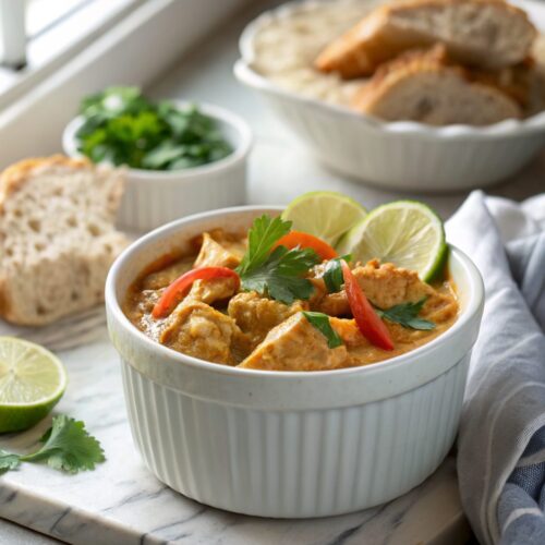 Delightful slow cooker coconut chicken curry served in a modern bowl