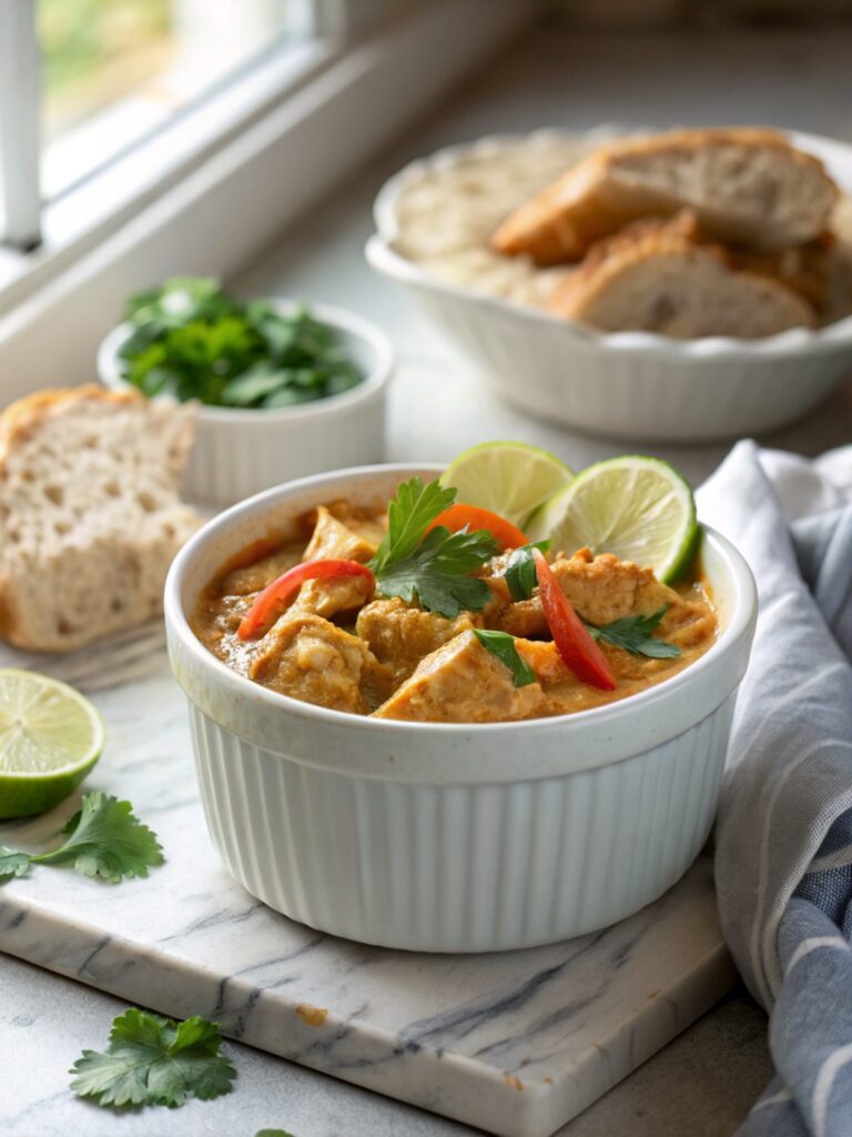 Delightful slow cooker coconut chicken curry served in a modern bowl