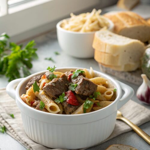 An enticing serving of slow cooker garlic beef pasta.