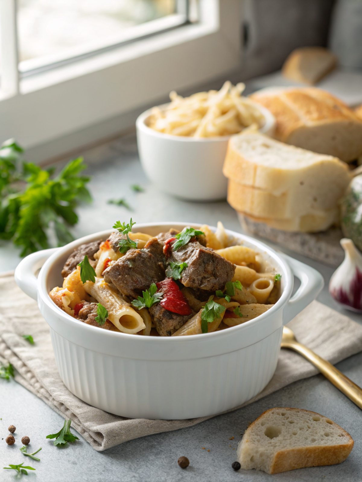 An enticing serving of slow cooker garlic beef pasta.