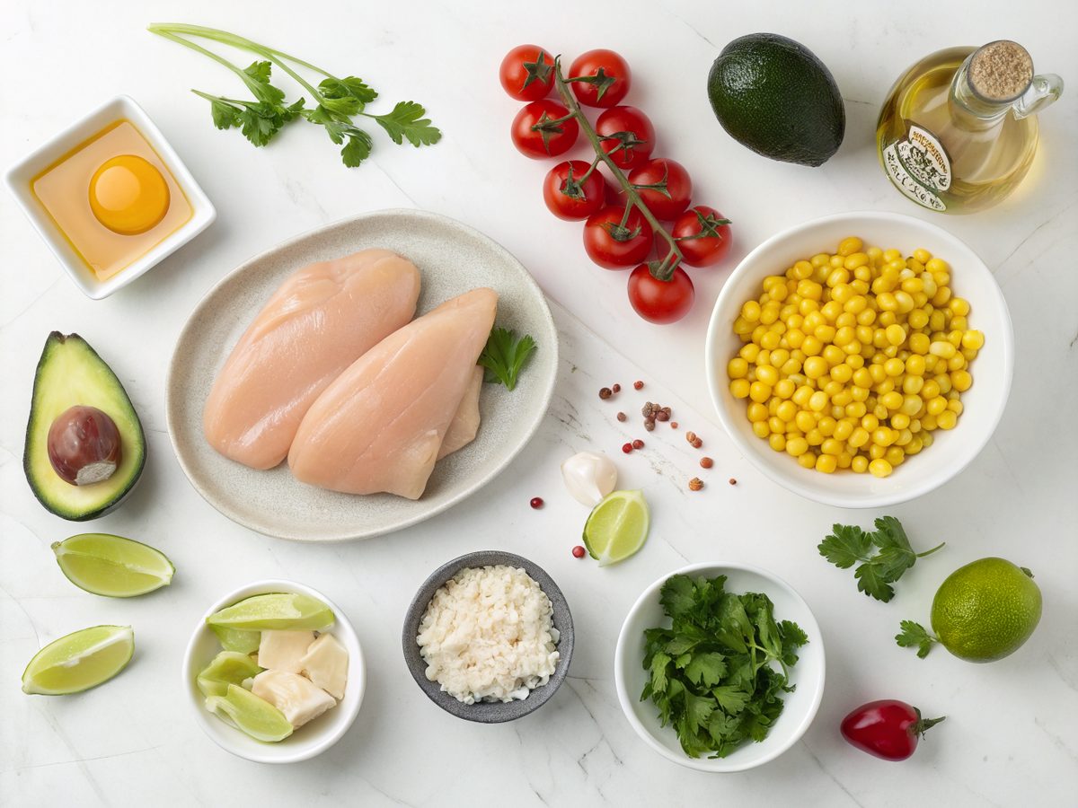A colorful array of ingredients for Street Corn Chicken Bowl, featuring fresh produce and spices.