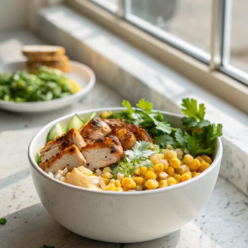 Street Corn Chicken Bowl perfectly plated with fresh garnishes.