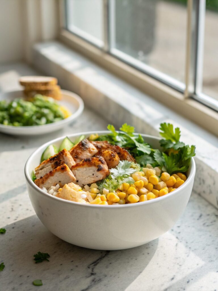 Street Corn Chicken Bowl perfectly plated with fresh garnishes.