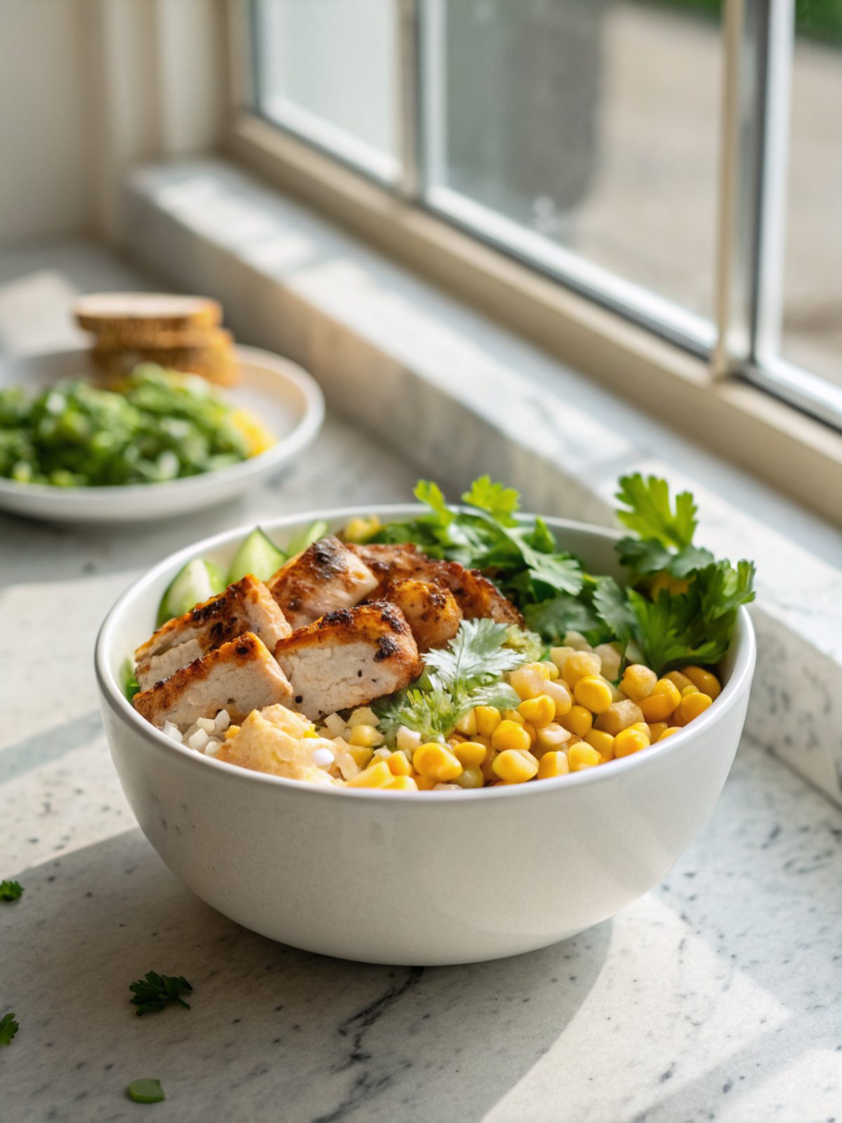 Street Corn Chicken Bowl perfectly plated with fresh garnishes.
